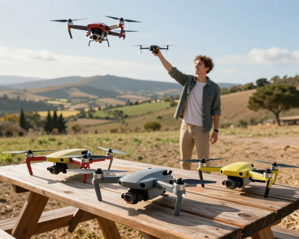 A serene outdoor setting showcasing a variety of beginner-friendly drones. In the foreground, three stylish quadcopters in bright colors are displayed on a wooden picnic table, their sleek designs catching the sunlight, with propellers glimmering. The middle ground features an enthusiastic beginner, a young adult in casual attire, joyfully flying one of the drones, capturing the essence of excitement and exploration. In the background, a picturesque Spanish landscape unfolds, with rolling hills and a clear blue sky, enhancing the adventurous mood. Soft, natural lighting gives a warm and inviting atmosphere, with the sunlight illuminating the scene from the left, creating gentle shadows for depth. The angle is slightly elevated, providing a comprehensive view of the drones and their operator in action. No text or overlays are present. A serene outdoor setting showcasing a variety of beginner-friendly drones. In the foreground, three stylish quadcopters in bright colors are displayed on a wooden picnic table, their sleek designs catching the sunlight, with propellers glimmering. The middle ground features an enthusiastic beginner, a young adult in casual attire, joyfully flying one of the drones, capturing the essence of excitement and exploration. In the background, a picturesque Spanish landscape unfolds, with rolling hills and a clear blue sky, enhancing the adventurous mood. Soft, natural lighting gives a warm and inviting atmosphere, with the sunlight illuminating the scene from the left, creating gentle shadows for depth. The angle is slightly elevated, providing a comprehensive view of the drones and their operator in action. No text or overlays are present.