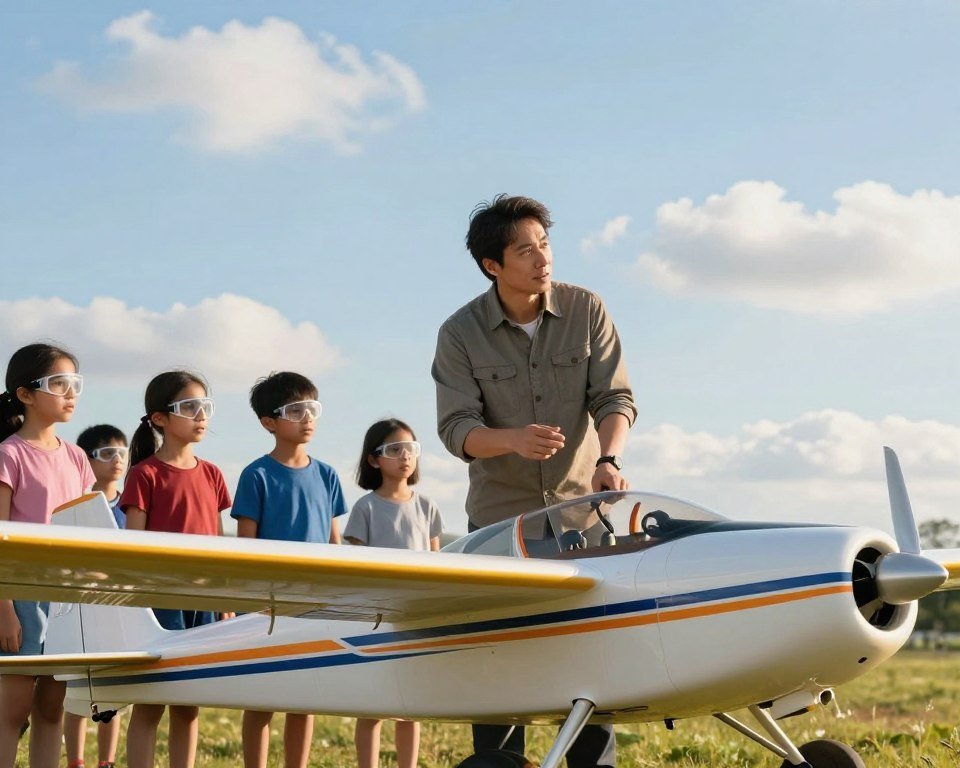 A serene outdoor setting where a professional adult demonstrates safety measures while flying a remote-controlled airplane, symbolizing the theme of security in the hobby. In the foreground, focus on a detailed RC plane, showcasing its bright colors and sleek design. In the middle ground, the adult, dressed in modest casual clothing, is attentively explaining safety tips to a group of engaged children, who are wearing safety goggles and listening intently. The background features a clear blue sky with a few fluffy clouds, emphasizing a safe flying environment. Soft afternoon sunlight casts gentle shadows, creating a warm and inviting atmosphere. Capture the image from a slightly low angle to convey the excitement of the children’s perspective.