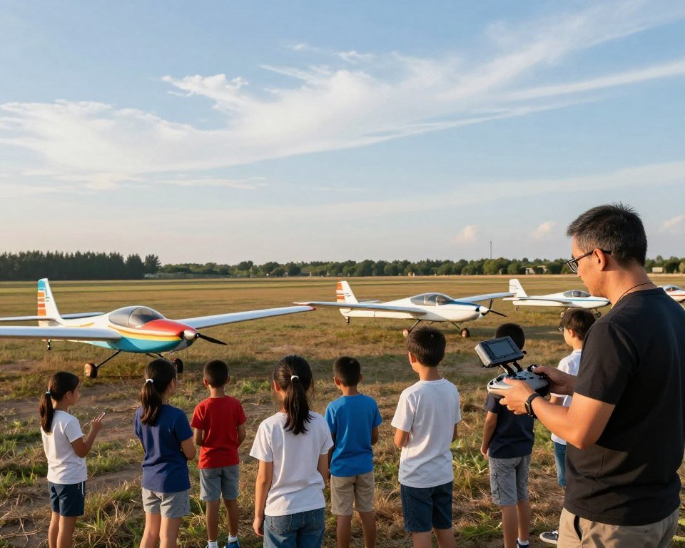 A serene outdoor training field for RC airplanes, showcasing a diverse group of beginners, dressed in smart casual clothing, attentively following an instructor. In the foreground, the instructor, a middle-aged man with glasses, demonstrates proper safety precautions and control techniques with a large remote control. In the middle, several vibrant RC planes are positioned on the runway, including a colorful glider and a sleek aerobatic model. In the background, a clear blue sky with a few wispy clouds creates a calm atmosphere, while distant trees frame the scene. Soft, warm lighting enhances the inviting mood, emphasizing the importance of safety and learning in this engaging setting. The composition is shot at eye level to create intimacy and focus on the training experience.