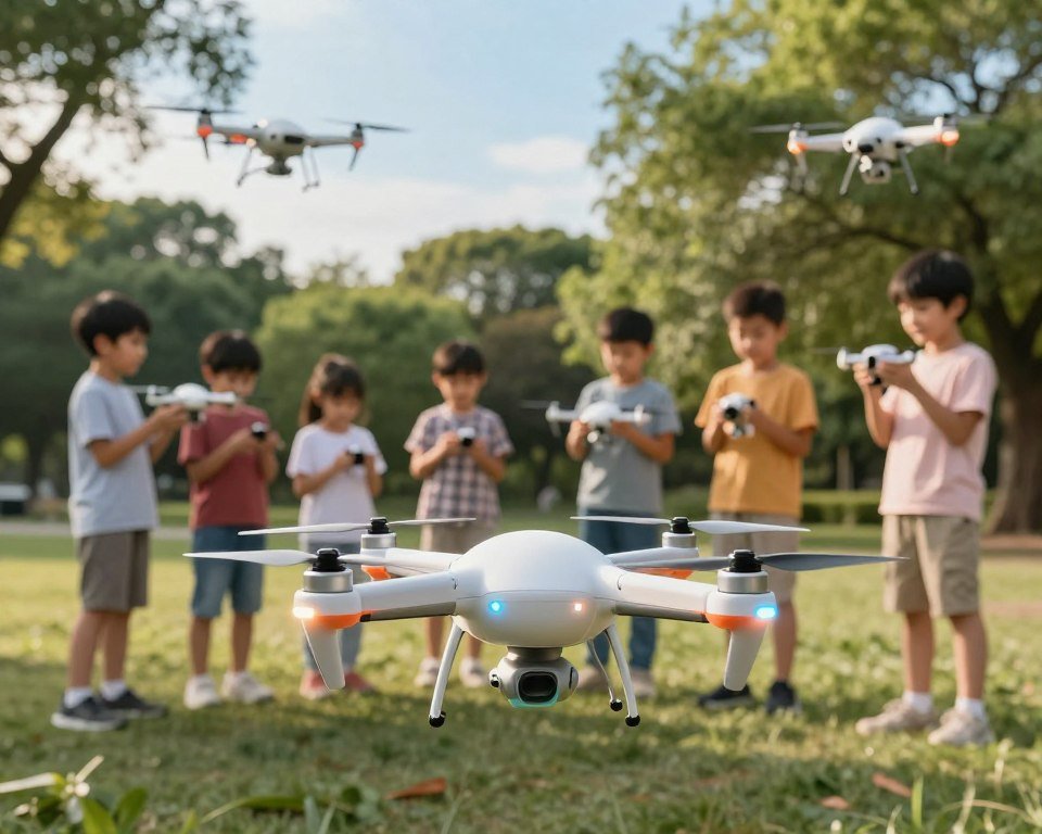 A serene park setting showcases a variety of child-friendly drones, emphasizing their key features designed for developmental benefits. In the foreground, a colorful, lightweight drone with a smooth, rounded body hovers playfully, equipped with protective propeller guards. Bright LED lights on the drone illuminate the scene, enhancing the joyful atmosphere. In the middle ground, children, dressed in modest casual clothing, engage with the drones; some are flying them while others are inspecting their features, showcasing teamwork and learning. The background features lush green trees and a clear blue sky, with soft sunlight filtering through, creating a warm and inviting mood. The perspective is slightly low-angle, focusing on the interaction between the drones and the children, symbolizing innovation and education in a fun environment, highlighting the benefits of using drones for child development.
