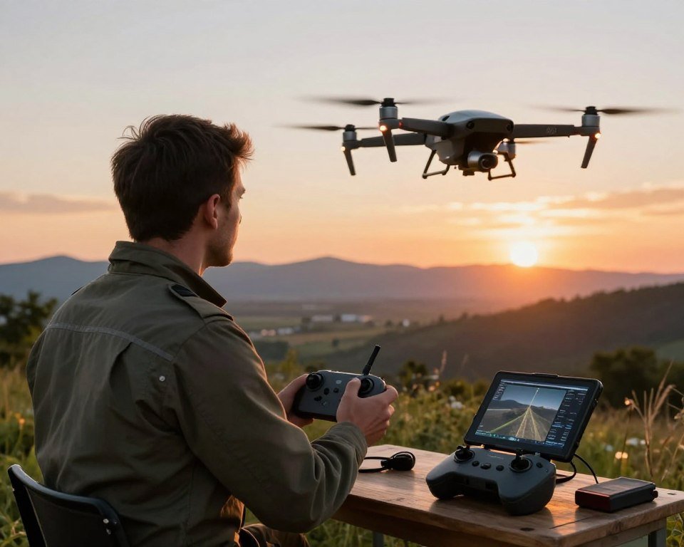 A skilled drone pilot in a professional outfit, focused on operating a powerful drone, positioned in the foreground. The pilot is surrounded by essential drone piloting tools, such as a remote controller and a tablet displaying flight data. In the middle ground, a lush landscape extends with clear skies, showcasing the drone taking flight, with the sun highlighting its sleek design. The background features a distant mountain range under a vibrant sunset sky, emanating warm tones that create an inspiring and adventurous mood. The lighting emphasizes the pilot's concentration and the drone's advanced features, captured at a dynamic angle that conveys motion and excitement.