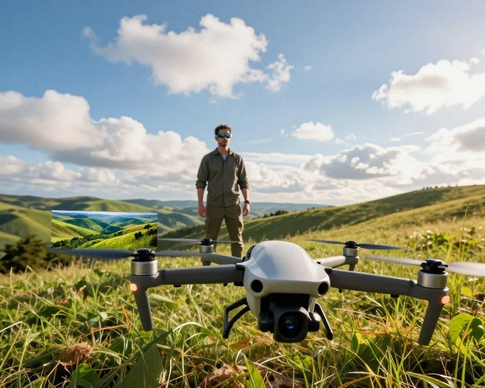A skilled drone pilot navigating a vibrant landscape through FPV flight, showcasing dynamic aerial maneuvers. In the foreground, a drone with sleek, modern design captures the essence of advanced technology, while in the pilot's goggles, a vivid, immersive FPV view displays rolling hills and lush greenery. The middle ground features the pilot in modest casual clothing, focused and engaged, standing confidently on a grassy hill. The background reveals a bright blue sky filled with fluffy white clouds, creating an uplifting atmosphere. The scene is illuminated by warm sunlight, enhancing colors and creating a sense of adventure. The angle captures a dramatic perspective, emphasizing the thrill of FPV flying while ensuring a professional and inspired mood. A skilled drone pilot navigating a vibrant landscape through FPV flight, showcasing dynamic aerial maneuvers. In the foreground, a drone with sleek, modern design captures the essence of advanced technology, while in the pilot's goggles, a vivid, immersive FPV view displays rolling hills and lush greenery. The middle ground features the pilot in modest casual clothing, focused and engaged, standing confidently on a grassy hill. The background reveals a bright blue sky filled with fluffy white clouds, creating an uplifting atmosphere. The scene is illuminated by warm sunlight, enhancing colors and creating a sense of adventure. The angle captures a dramatic perspective, emphasizing the thrill of FPV flying while ensuring a professional and inspired mood.