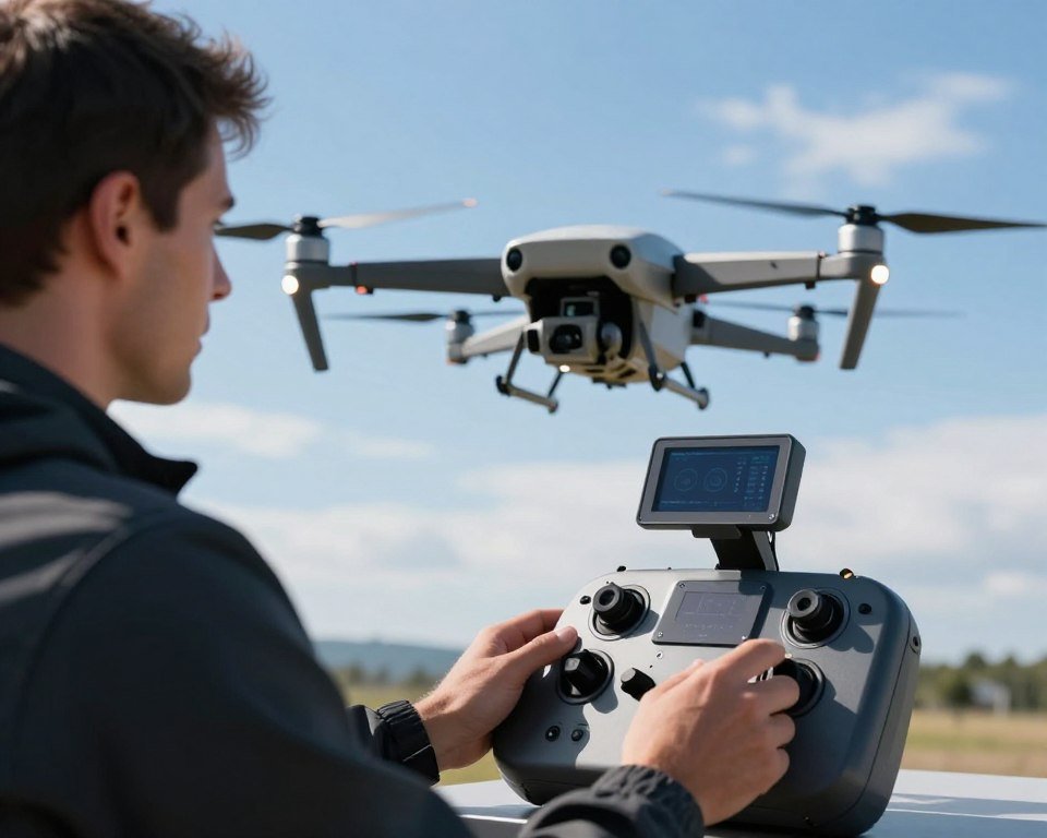 A skilled operator in a professional setting is meticulously adjusting the controls of a sleek, modern drone. In the foreground, the drone's control interface with various switches and a screen displaying telemetry data is prominent, highlighting the advanced technology. In the middle ground, the drone itself hovers gracefully, showcasing its aerodynamic design, with spinning propellers reflecting ambient light. The background features a clear blue sky complemented by wispy clouds, creating a sense of open airspace for flight. The lighting is bright and crisp, suggesting a sunny day ideal for flying. The mood is focused and technical, emphasizing the precision and control required for aerial maneuvers. A skilled operator in a professional setting is meticulously adjusting the controls of a sleek, modern drone. In the foreground, the drone's control interface with various switches and a screen displaying telemetry data is prominent, highlighting the advanced technology. In the middle ground, the drone itself hovers gracefully, showcasing its aerodynamic design, with spinning propellers reflecting ambient light. The background features a clear blue sky complemented by wispy clouds, creating a sense of open airspace for flight. The lighting is bright and crisp, suggesting a sunny day ideal for flying. The mood is focused and technical, emphasizing the precision and control required for aerial maneuvers.