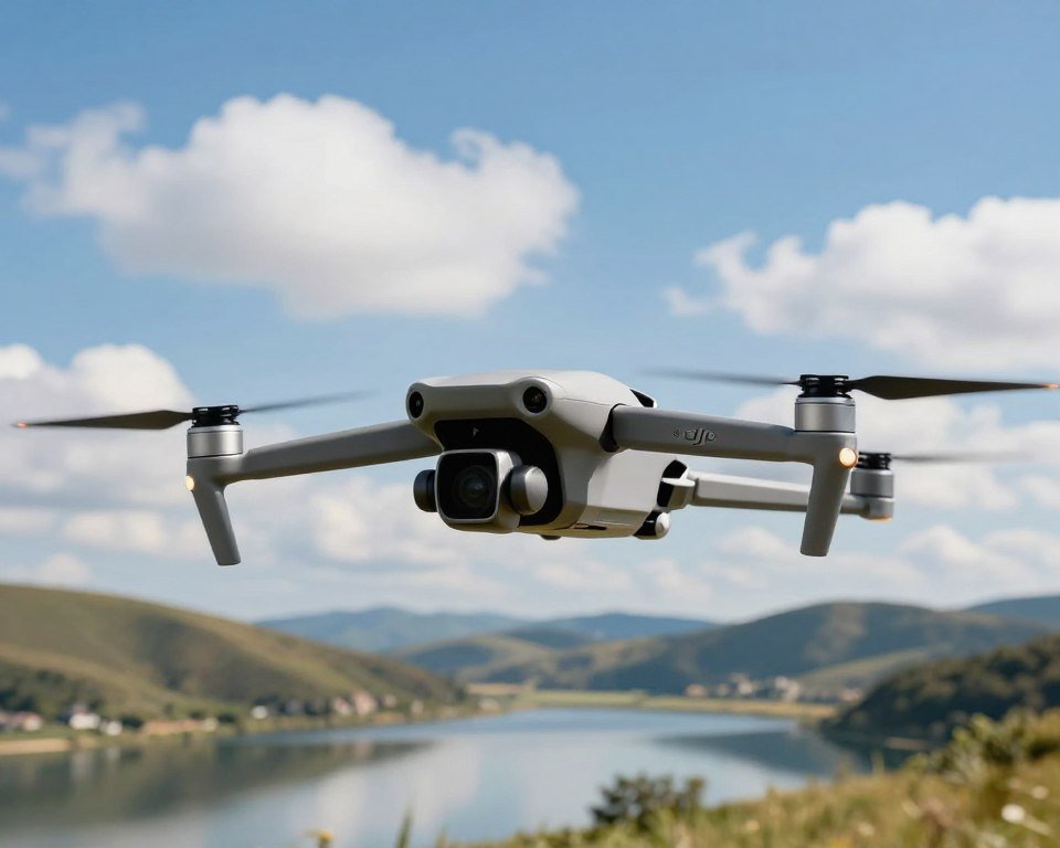 A sleek DJI Air 3 drone is prominently displayed in the foreground, showcasing its modern design and advanced camera features. The drone is positioned at an angle that highlights its smooth contours and propellers, glistening under bright, natural daylight. In the middle ground, a serene landscape unfolds, featuring rolling hills and a vibrant blue sky dotted with fluffy white clouds, evoking a sense of adventure. The background offers a distant view of a tranquil lake, reflecting the scenery and enhancing the overall calm atmosphere. The image captures a feeling of excitement and exploration, ideal for a quadcopter enthusiast. The lighting is bright and airy, emphasizing the details of the drone and its surroundings, with a shallow depth of field to keep the focus on the drone while softly blurring the background. A sleek DJI Air 3 drone is prominently displayed in the foreground, showcasing its modern design and advanced camera features. The drone is positioned at an angle that highlights its smooth contours and propellers, glistening under bright, natural daylight. In the middle ground, a serene landscape unfolds, featuring rolling hills and a vibrant blue sky dotted with fluffy white clouds, evoking a sense of adventure. The background offers a distant view of a tranquil lake, reflecting the scenery and enhancing the overall calm atmosphere. The image captures a feeling of excitement and exploration, ideal for a quadcopter enthusiast. The lighting is bright and airy, emphasizing the details of the drone and its surroundings, with a shallow depth of field to keep the focus on the drone while softly blurring the background.