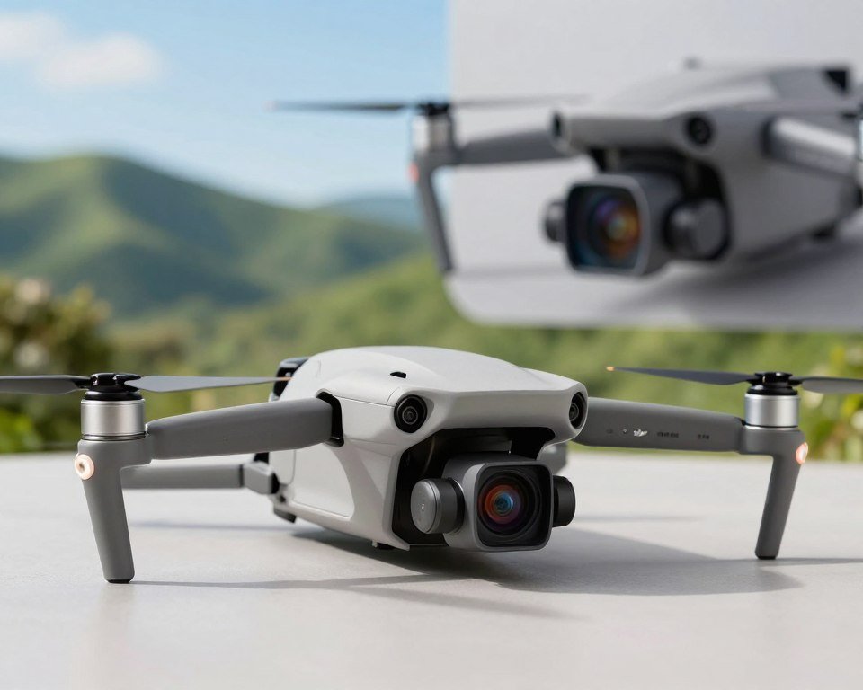 A sleek DJI Mini 4K drone showcased in a futuristic, high-tech environment. In the foreground, the drone is positioned heroically, highlighting its compact design with sharp angles and a smooth finish. The middle ground features a detailed close-up of its camera, illustrating the 4K resolution capabilities, with vivid colors reflecting off its lenses. In the background, a blurred landscape of lush green hills and a clear blue sky provides context for outdoor use, emphasizing portability and ease of use. Soft, natural lighting casts gentle shadows, creating a dynamic yet serene atmosphere. The image conveys a sense of innovation and adventure, ideal for drone enthusiasts seeking information on compact aerial technology. A sleek DJI Mini 4K drone showcased in a futuristic, high-tech environment. In the foreground, the drone is positioned heroically, highlighting its compact design with sharp angles and a smooth finish. The middle ground features a detailed close-up of its camera, illustrating the 4K resolution capabilities, with vivid colors reflecting off its lenses. In the background, a blurred landscape of lush green hills and a clear blue sky provides context for outdoor use, emphasizing portability and ease of use. Soft, natural lighting casts gentle shadows, creating a dynamic yet serene atmosphere. The image conveys a sense of innovation and adventure, ideal for drone enthusiasts seeking information on compact aerial technology.