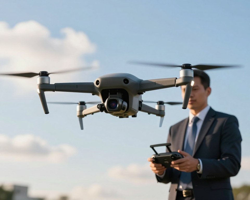 A sleek, advanced drone with precise control features is prominently displayed in the foreground, showcasing its intricate design and advanced sensors. The drone is positioned mid-flight, with its propellers gently spinning, conveying active movement. In the middle ground, a professional operator in business attire expertly manipulates a remote controller, focusing intently on the drone, illustrating expertise and precision. The background features a clear blue sky with a few fluffy clouds, enhancing the sense of height and freedom. Soft sunlight bathes the scene, casting a warm glow, suggesting an atmosphere of innovation and technology. The overall mood is one of excitement and professionalism, reflecting the cutting-edge advancements in drone technology.
