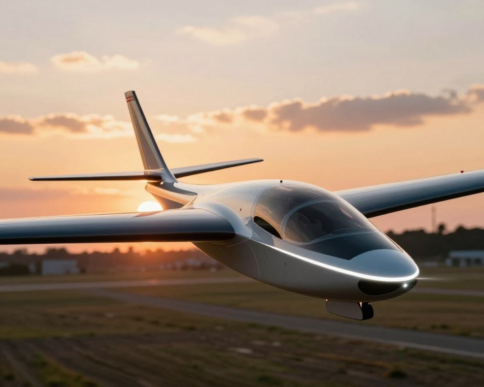 A sleek and innovative RC airplane designed for optimal aerodynamics, showcasing flowing lines and a modern structure. In the foreground, focus on the airplane’s fuselage, highlighting details such as its streamlined body, adjustable flaps, and LED lights integrated into the wings. In the middle ground, place a well-defined landscape of a flying field, with a distant horizon that hints at a vibrant sunset, creating a warm, inviting glow around the aircraft. The background should feature soft clouds, emphasizing the airplane's elevation and agility in flight. The lighting should be dynamic, with highlights reflecting off the glossy surfaces of the airplane, enhancing its futuristic look. Capture the scene from a slightly elevated angle, conveying a sense of motion and innovation in design.