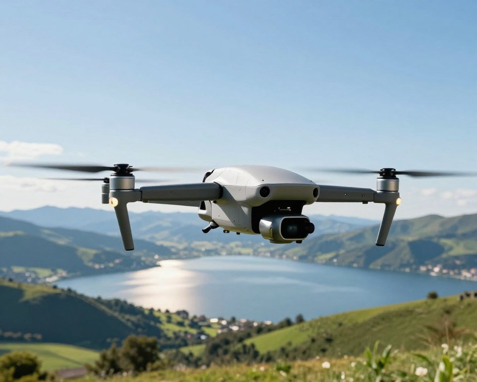 A sleek and modern drone flies steadily through a clear blue sky, capturing the essence of precision and stability in flight. In the foreground, the drone is depicted in sharp detail, with its rotors in motion, highlighting its advanced technology and engineering. The middle ground features a breathtaking vista of rolling green hills and a serene lake reflecting the sunlight, symbolizing the harmony between nature and technology. The background showcases distant mountains under a bright, crisp atmosphere, conveying a sense of limitless possibilities. Soft, natural lighting enhances the scene, with shadows casting gently under the drone. The overall mood is one of serenity and confidence, illustrating the concept of reliable aerial control and accuracy.