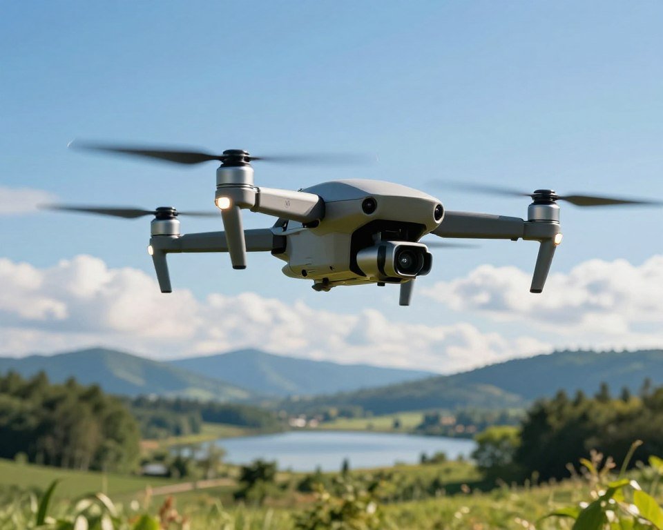 A sleek drone quadcopter is soaring gracefully through a bright blue sky, its rotors spinning elegantly above. In the foreground, the drone showcases a modern design with sharp lines and a glossy finish, capturing the essence of cutting-edge technology. In the middle ground, a lush green landscape unfolds, dotted with trees and a calm lake, illustrating the potential of drone exploration. The background features distant mountains, partially obscured by fluffy white clouds, creating a sense of depth and adventure. The lighting is vibrant and natural, with warm sunlight highlighting the drone's contours. The overall mood is inspiring and energetic, inviting viewers to learn more about this fascinating technology, without any textual elements or distractions.