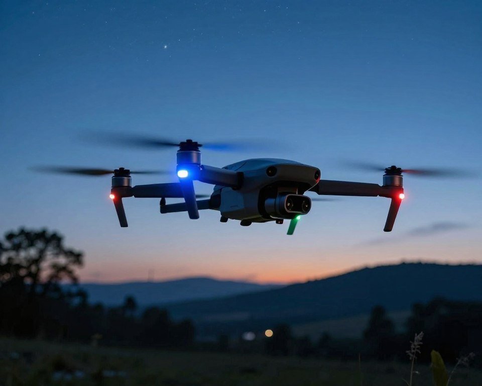 A sleek, high-performance drone equipped with vibrant LED lights flying gracefully in a twilight sky. In the foreground, the drone hovers steadily, showcasing its aerodynamic design and glowing lights in various colors—blue, red, and green—illuminating the surroundings. The middle ground features a scenic landscape with silhouettes of trees and hills, adding depth and a sense of adventure. The background transitions to a deep blue night sky adorned with scattered stars, creating a tranquil yet thrilling atmosphere. The scene is captured from a low angle, emphasizing the drone's impressive presence against the serene backdrop. Soft ambient lighting highlights the drone’s features and the elegance of its LED accessories, evoking a sense of innovation and excitement for night flights. A sleek, high-performance drone equipped with vibrant LED lights flying gracefully in a twilight sky. In the foreground, the drone hovers steadily, showcasing its aerodynamic design and glowing lights in various colors—blue, red, and green—illuminating the surroundings. The middle ground features a scenic landscape with silhouettes of trees and hills, adding depth and a sense of adventure. The background transitions to a deep blue night sky adorned with scattered stars, creating a tranquil yet thrilling atmosphere. The scene is captured from a low angle, emphasizing the drone's impressive presence against the serene backdrop. Soft ambient lighting highlights the drone’s features and the elegance of its LED accessories, evoking a sense of innovation and excitement for night flights.