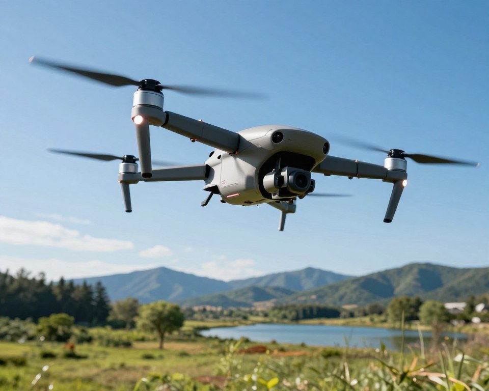 A sleek, high-tech drone executing complex aerial maneuvers against a vibrant blue sky. In the foreground, the drone is captured mid-flight, with its propellers in motion and the sun glinting off its metallic surface. The middle ground features an open, green landscape, dotted with trees and a small lake, suggesting a safe environment for drone operation. The background consists of distant mountains under a clear sky, adding depth to the scene. The lighting is bright and natural, creating an energetic and inspiring mood. The angle is slightly low to emphasize the drone’s height and agility, showcasing the excitement of mastering aerial maneuvers. The overall atmosphere conveys professionalism and the thrill of safe drone operation. A sleek, high-tech drone executing complex aerial maneuvers against a vibrant blue sky. In the foreground, the drone is captured mid-flight, with its propellers in motion and the sun glinting off its metallic surface. The middle ground features an open, green landscape, dotted with trees and a small lake, suggesting a safe environment for drone operation. The background consists of distant mountains under a clear sky, adding depth to the scene. The lighting is bright and natural, creating an energetic and inspiring mood. The angle is slightly low to emphasize the drone’s height and agility, showcasing the excitement of mastering aerial maneuvers. The overall atmosphere conveys professionalism and the thrill of safe drone operation.