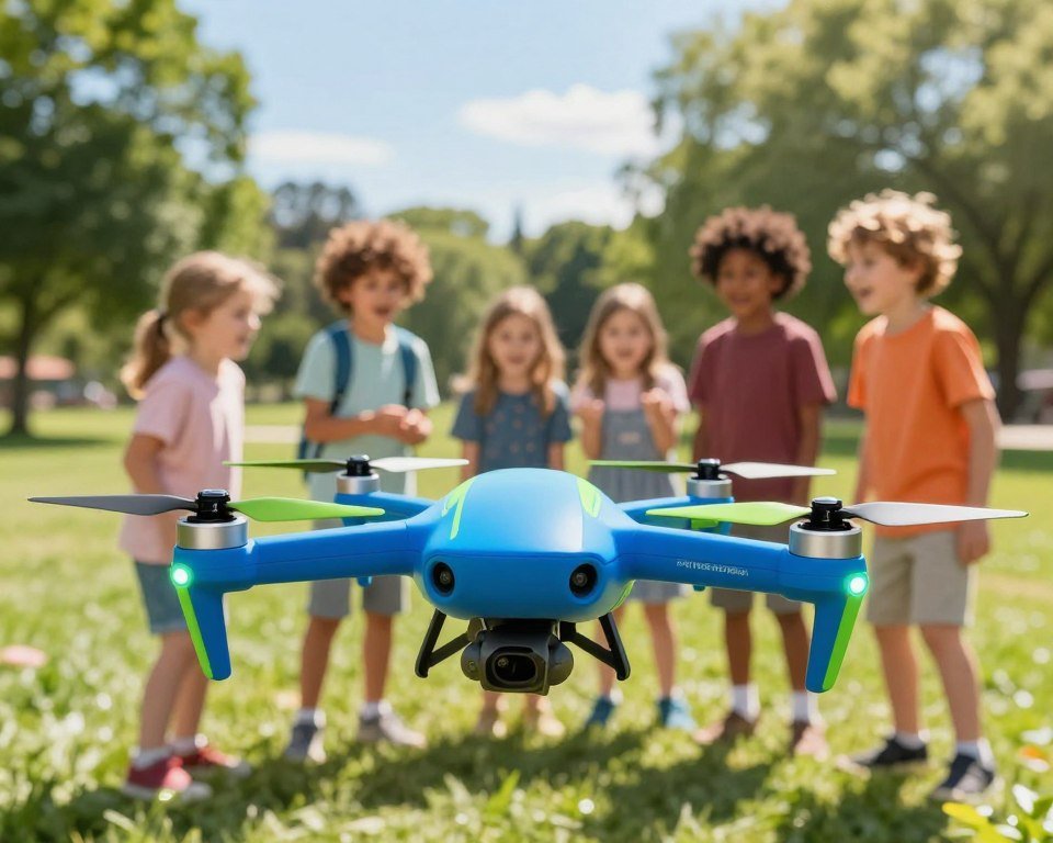 A sleek, innovative children's drone design takes center stage in the foreground, showcasing a vibrant color palette of bright blues and greens. The drone features a smooth, rounded body with large, child-friendly propellers and LED lights that add a playful touch. In the middle ground, a small group of kids, dressed in casual outdoor clothing, interacts with the drone, their expressions filled with wonder and excitement. The background reveals a sunny park setting with lush green grass, trees, and a clear blue sky, creating an inviting atmosphere for outdoor fun. The scene is well-lit, casting soft shadows that enhance the details of the drone and the children. The image conveys a sense of adventure and joy, perfectly illustrating the innovative design aspect of the product.