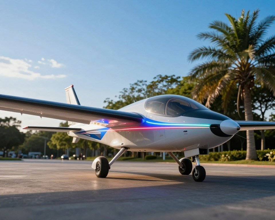 A sleek, modern FalconAir remote-controlled airplane with vibrant LED lights integrated throughout its structure, showcasing innovative lighting technology. The aircraft is positioned in the foreground against a dynamic backdrop of a clear blue sky, highlighting its aerodynamic design. In the middle ground, a tranquil park setting provides context, with trees gently swaying in the breeze. Sunlight filters through, casting a soft glow on the aircraft, creating an atmosphere of excitement and exploration. Capture the scene from a low angle to emphasize the aircraft's impressive features and the glowing LED lights, enhancing its futuristic appeal. The composition should evoke a sense of awe and innovation, representing the cutting-edge technology of the FalconAir in a visually striking manner.