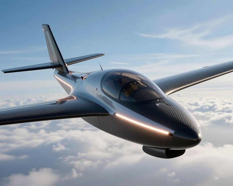 A sleek, modern RC airplane design showcasing exceptional aerodynamics and technical precision. In the foreground, focus on the airplane's intricate details, highlighting robust materials like carbon fiber and durable plastics with a glossy finish. The middle ground features the airplane in flight, illuminated by dynamic, high-quality LED lights that create a vibrant atmosphere, enhancing its performance aesthetics. In the background, a clear blue sky with wispy clouds accentuates the airplane's soaring capabilities. The scene is bathed in natural sunlight, casting dynamic shadows and reflections on the airplane's surface, conveying a sense of power and innovation. Capture this image from a low angle to emphasize the airplane's design and projection as it flies gracefully.