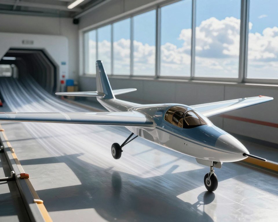 A sleek, modern RC airplane designed with aerodynamics in mind, prominently displayed in the foreground. The aircraft features a streamlined fuselage, elongated wings with advanced winglets, and a glossy finish that reflects light. The middle ground shows a detailed view of a wind tunnel, with airflow simulations visualized by transparent lines indicating how air moves around the plane. In the background, a large window reveals a bright blue sky and fluffy white clouds, enhancing the sense of flight. The lighting is bright and natural, simulating sunlight streaming through the window, while a shallow depth of field focuses on the airplane. The scene conveys innovation and technological advancement in aerodynamics, inviting viewers to appreciate the intricate design and performance impact. A sleek, modern RC airplane designed with aerodynamics in mind, prominently displayed in the foreground. The aircraft features a streamlined fuselage, elongated wings with advanced winglets, and a glossy finish that reflects light. The middle ground shows a detailed view of a wind tunnel, with airflow simulations visualized by transparent lines indicating how air moves around the plane. In the background, a large window reveals a bright blue sky and fluffy white clouds, enhancing the sense of flight. The lighting is bright and natural, simulating sunlight streaming through the window, while a shallow depth of field focuses on the airplane. The scene conveys innovation and technological advancement in aerodynamics, inviting viewers to appreciate the intricate design and performance impact.
