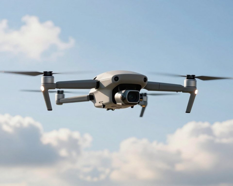 A sleek, modern drone featuring a hovering mode, elegantly displayed against a bright blue sky. In the foreground, emphasize the drone’s propellers spinning gently, with detailed close-ups showing its sophisticated technology. The middle ground showcases the drone stabilizing in mid-air, demonstrating its impressive hovering capabilities. In the background, incorporate a soft focus of clouds, adding depth to the scene while maintaining a bright and airy atmosphere. Soft sunlight filters through the clouds, giving the image a warm glow, and casting subtle shadows on the drone. The composition should feel dynamic yet calm, illustrating the innovative functionality and stability of the device in its operational mode, suitable for an informative article. A sleek, modern drone featuring a hovering mode, elegantly displayed against a bright blue sky. In the foreground, emphasize the drone’s propellers spinning gently, with detailed close-ups showing its sophisticated technology. The middle ground showcases the drone stabilizing in mid-air, demonstrating its impressive hovering capabilities. In the background, incorporate a soft focus of clouds, adding depth to the scene while maintaining a bright and airy atmosphere. Soft sunlight filters through the clouds, giving the image a warm glow, and casting subtle shadows on the drone. The composition should feel dynamic yet calm, illustrating the innovative functionality and stability of the device in its operational mode, suitable for an informative article.