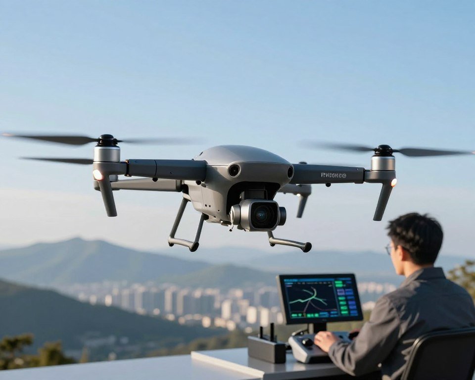 A sleek, modern drone is shown in the foreground, equipped with advanced control systems, antennas, and high-resolution cameras. The drone is captured in mid-flight against a clear blue sky, showcasing its agility and purpose. In the middle ground, include a technician in professional attire, operating a control panel with screens displaying real-time data about flight paths and safety metrics. The background features a picturesque landscape, such as mountains or a city skyline, under soft, natural lighting that casts subtle shadows, emphasizing the high-tech equipment. The atmosphere is dynamic and innovative, reflecting excitement and the potential of technology in aerial cinematography. The image should focus on clarity and detail, without any text or watermarks, creating an engaging visual representation of drone control, safety, and transmission systems. A sleek, modern drone is shown in the foreground, equipped with advanced control systems, antennas, and high-resolution cameras. The drone is captured in mid-flight against a clear blue sky, showcasing its agility and purpose. In the middle ground, include a technician in professional attire, operating a control panel with screens displaying real-time data about flight paths and safety metrics. The background features a picturesque landscape, such as mountains or a city skyline, under soft, natural lighting that casts subtle shadows, emphasizing the high-tech equipment. The atmosphere is dynamic and innovative, reflecting excitement and the potential of technology in aerial cinematography. The image should focus on clarity and detail, without any text or watermarks, creating an engaging visual representation of drone control, safety, and transmission systems.