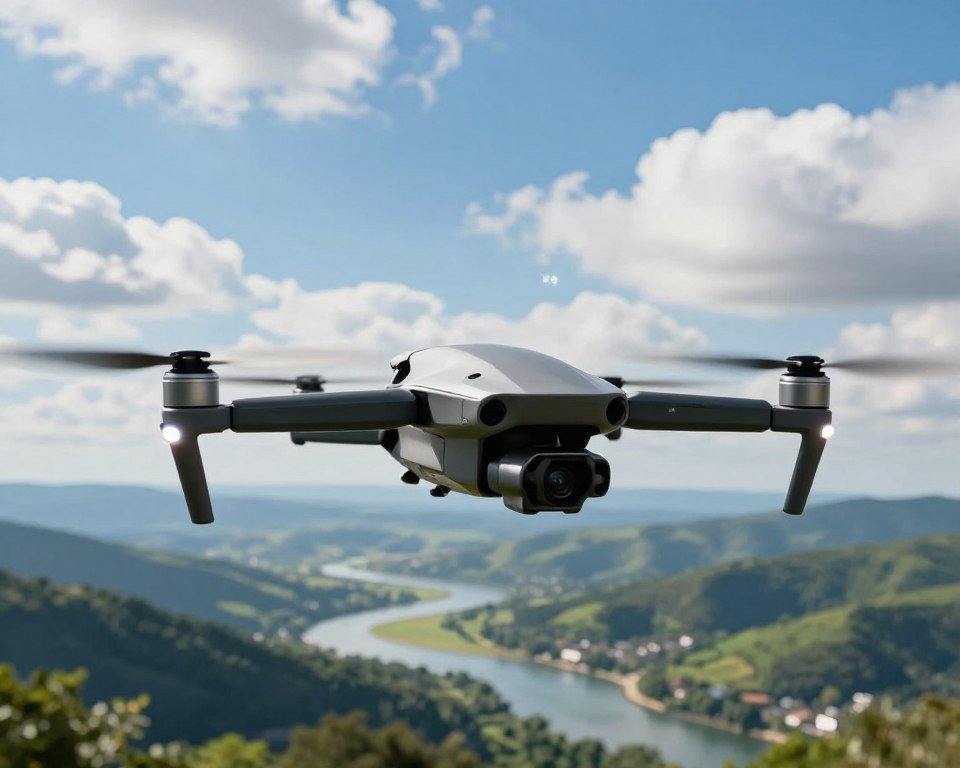 A sleek, modern drone soaring gracefully through the air, demonstrating its ability to perform a 360-degree rotation. In the foreground, the drone is captured in sharp detail, featuring a glossy black and silver finish with vibrant LED lights indicating its active status. The middle ground showcases a scenic landscape, perhaps a lush, green valley with a winding river, illustrating the potential for stunning aerial footage. In the background, a vibrant blue sky with fluffy white clouds enhances the atmosphere, reflecting a sunny day perfect for flight. Utilize natural lighting to highlight the drone's features, with a slight lens flare to evoke a sense of innovation and excitement. The overall mood is energetic and inspiring, emphasizing the usability and flight experience of advanced drones. A sleek, modern drone soaring gracefully through the air, demonstrating its ability to perform a 360-degree rotation. In the foreground, the drone is captured in sharp detail, featuring a glossy black and silver finish with vibrant LED lights indicating its active status. The middle ground showcases a scenic landscape, perhaps a lush, green valley with a winding river, illustrating the potential for stunning aerial footage. In the background, a vibrant blue sky with fluffy white clouds enhances the atmosphere, reflecting a sunny day perfect for flight. Utilize natural lighting to highlight the drone's features, with a slight lens flare to evoke a sense of innovation and excitement. The overall mood is energetic and inspiring, emphasizing the usability and flight experience of advanced drones.