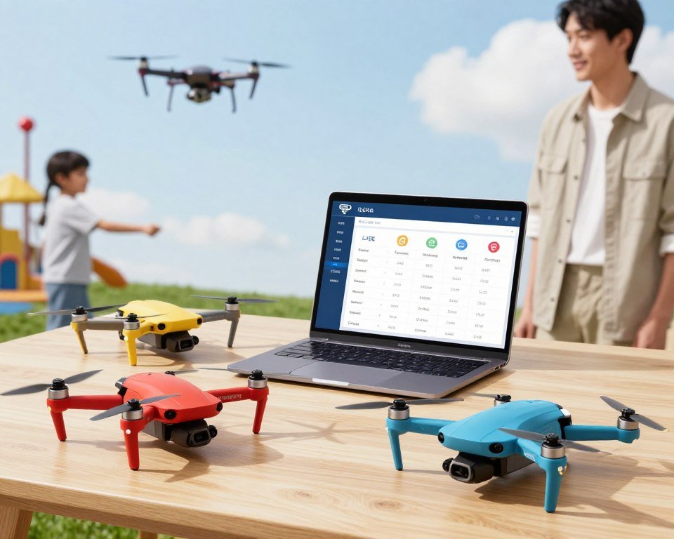 A sleek, modern layout showcasing the best children’s quadcopters on the market. In the foreground, three different drone models in vibrant colors, with their propellers spinning, displayed on a light wooden table. In the middle, a laptop open to a detailed comparison chart of features and specifications, with colorful icons representing flight time, camera quality, and ease of use. In the background, a sunny outdoor setting with a blue sky and soft clouds, hinting at a playground where children are flying the drones under the watchful eye of a responsible adult dressed casually yet stylishly. The lighting is bright and natural, creating an inviting and cheerful atmosphere. The shot is taken from a slightly elevated angle to capture the full scene and provide a sense of professionalism and excitement. A sleek, modern layout showcasing the best children’s quadcopters on the market. In the foreground, three different drone models in vibrant colors, with their propellers spinning, displayed on a light wooden table. In the middle, a laptop open to a detailed comparison chart of features and specifications, with colorful icons representing flight time, camera quality, and ease of use. In the background, a sunny outdoor setting with a blue sky and soft clouds, hinting at a playground where children are flying the drones under the watchful eye of a responsible adult dressed casually yet stylishly. The lighting is bright and natural, creating an inviting and cheerful atmosphere. The shot is taken from a slightly elevated angle to capture the full scene and provide a sense of professionalism and excitement.