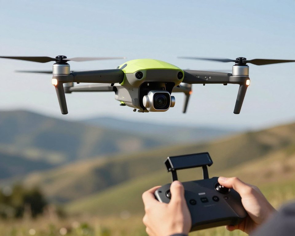 A sleek, modern remote-controlled drone gracefully hovering in mid-air, showcasing its vibrant colors and high-tech design. In the foreground, the drone's intricate propellers are highlighted, with a focus on the shiny camera and LED lights. The middle ground features a pair of hands skillfully maneuvering the ergonomically designed remote control, reflecting a sense of precision and control. The background consists of a soft, blurred natural landscape with rolling hills and blue skies, emphasizing the drone's capabilities in outdoor environments. The lighting is bright and natural, casting soft shadows to suggest a sunny day. The atmosphere is dynamic and engaging, inviting viewers into the exciting world of remote-controlled drones.