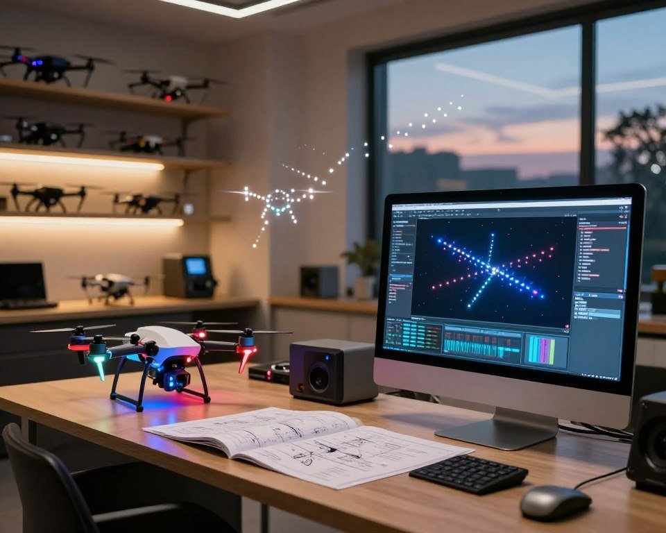 A sleek, modern workspace filled with high-tech software tools and drone models focused on creating spectacular light shows. In the foreground, a sophisticated computer monitor displays vibrant software interfaces used for programming drone light patterns. To the left, a variety of colorful drones equipped with LED lights hover above a workbench, showcasing their dynamic designs. In the middle, an open blueprint lays out plans for a drone light show, partially illuminated by soft ambient lighting. The background features shelves lined with drone accessories and a window showing a twilight sky, hinting at an evening performance. The overall atmosphere is innovative and inspiring, suggesting a professional yet creative environment for launching a dazzling drone show. The lighting is warm and inviting, enhancing the sense of excitement and discovery.