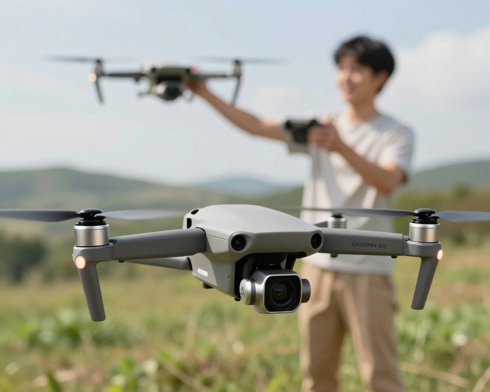 A sleek, user-friendly drone prominently displayed in the foreground, showcasing its essential features such as a compact design, intuitive controls, and stabilized camera. The drone is set against a blurred backdrop of a bright, sunny outdoor environment, with open skies and green landscapes, conveying a sense of adventure and ease. In the middle ground, a novice drone pilot, dressed in casual attire, is joyfully flying the drone, demonstrating its ease of use. Soft, natural lighting enhances the scene, creating a warm and inviting atmosphere. The angle captures both the drone and pilot in action, emphasizing the simplicity of controlling the device. The image embodies confidence, excitement, and accessibility for beginners in aerial hobbies. A sleek, user-friendly drone prominently displayed in the foreground, showcasing its essential features such as a compact design, intuitive controls, and stabilized camera. The drone is set against a blurred backdrop of a bright, sunny outdoor environment, with open skies and green landscapes, conveying a sense of adventure and ease. In the middle ground, a novice drone pilot, dressed in casual attire, is joyfully flying the drone, demonstrating its ease of use. Soft, natural lighting enhances the scene, creating a warm and inviting atmosphere. The angle captures both the drone and pilot in action, emphasizing the simplicity of controlling the device. The image embodies confidence, excitement, and accessibility for beginners in aerial hobbies.