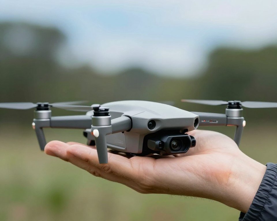 A small, sleek drone resting gently in the palm of a hand, showcasing its lightweight and portable design. The drone has a modern, high-tech appearance with smooth curves and shiny surfaces reflecting soft, natural light. The background features a blurred outdoor setting with subtle hints of green foliage and blue sky, creating a sense of freedom and exploration. The hand, portrayed in a close-up, is well-groomed and dressed in a modest, casual style, highlighting the accessibility of drone technology for everyone. The composition focuses sharply on the drone, with a shallow depth of field to emphasize its details, while the overall atmosphere conveys a sense of innovation and excitement in the world of drones. A small, sleek drone resting gently in the palm of a hand, showcasing its lightweight and portable design. The drone has a modern, high-tech appearance with smooth curves and shiny surfaces reflecting soft, natural light. The background features a blurred outdoor setting with subtle hints of green foliage and blue sky, creating a sense of freedom and exploration. The hand, portrayed in a close-up, is well-groomed and dressed in a modest, casual style, highlighting the accessibility of drone technology for everyone. The composition focuses sharply on the drone, with a shallow depth of field to emphasize its details, while the overall atmosphere conveys a sense of innovation and excitement in the world of drones.