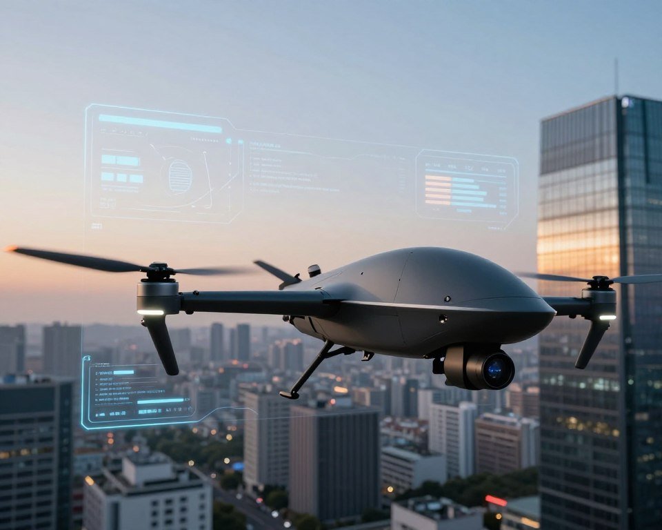 A sophisticated military drone equipped with advanced artificial intelligence technology flies above a modern urban landscape. In the foreground, focus on the sleek design of the drone, showcasing its aerodynamic shape, high-tech sensors, and subtle LED lights indicating its operational status. The middle ground features a semi-transparent digital interface displaying data analytics and AI-generated insights about the surrounding environment. In the background, a panoramic view of a city skyline under a twilight sky, with the last rays of sunlight reflecting off glass buildings, creates a high-tech ambiance. The overall mood is futuristic and innovative, captured with a low-angle view to enhance the drone's imposing presence, and illuminated with soft but dynamic lighting that accentuates the details of the technology. A sophisticated military drone equipped with advanced artificial intelligence technology flies above a modern urban landscape. In the foreground, focus on the sleek design of the drone, showcasing its aerodynamic shape, high-tech sensors, and subtle LED lights indicating its operational status. The middle ground features a semi-transparent digital interface displaying data analytics and AI-generated insights about the surrounding environment. In the background, a panoramic view of a city skyline under a twilight sky, with the last rays of sunlight reflecting off glass buildings, creates a high-tech ambiance. The overall mood is futuristic and innovative, captured with a low-angle view to enhance the drone's imposing presence, and illuminated with soft but dynamic lighting that accentuates the details of the technology.
