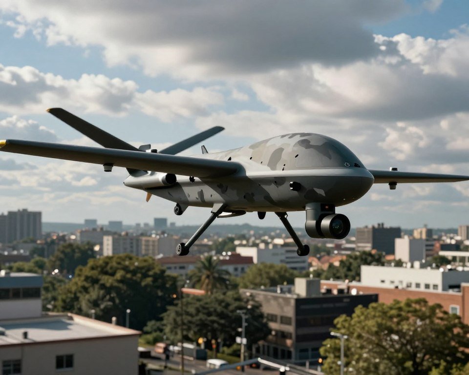 A sophisticated military drone equipped with advanced surveillance technologies hovers above a dense urban landscape, capturing real-time data. In the foreground, the drone's sleek, camouflaged design features high-resolution cameras and sensors glinting in the afternoon sun. The middle ground showcases various urban structures, partially obscured by foliage, enhancing the atmosphere of secrecy and observation. In the background, a dramatic sky with scattered clouds casts dynamic shadows on the city below. The overall lighting is crisp and clear, ideal for reconnaissance missions, while a slight tilt-angle perspective gives depth and emphasizes the drone's capabilities. The mood is tense yet focused, reflecting the cutting-edge technology of modern surveillance and reconnaissance operations. A sophisticated military drone equipped with advanced surveillance technologies hovers above a dense urban landscape, capturing real-time data. In the foreground, the drone's sleek, camouflaged design features high-resolution cameras and sensors glinting in the afternoon sun. The middle ground showcases various urban structures, partially obscured by foliage, enhancing the atmosphere of secrecy and observation. In the background, a dramatic sky with scattered clouds casts dynamic shadows on the city below. The overall lighting is crisp and clear, ideal for reconnaissance missions, while a slight tilt-angle perspective gives depth and emphasizes the drone's capabilities. The mood is tense yet focused, reflecting the cutting-edge technology of modern surveillance and reconnaissance operations.