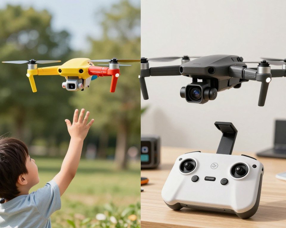 A split-screen image illustrating the differences between toy drones and professional drones. On the left, a colorful toy drone with a playful design, featuring bright colors and lightweight materials, flying above a child's hand reaching out with excitement. On the right, a sleek, modern professional drone with a sturdy build, equipped with high-resolution cameras and sensors, hovering above a remote control with detailed buttons and displays. The background showcases a sunny, outdoor park setting, emphasizing a fun atmosphere on the toy side, while the professional side features a more serious environment, perhaps a tech workshop or a field. Soft daylight enhances the scene, creating a vibrant mood that clearly distinguishes between the two types of drones.