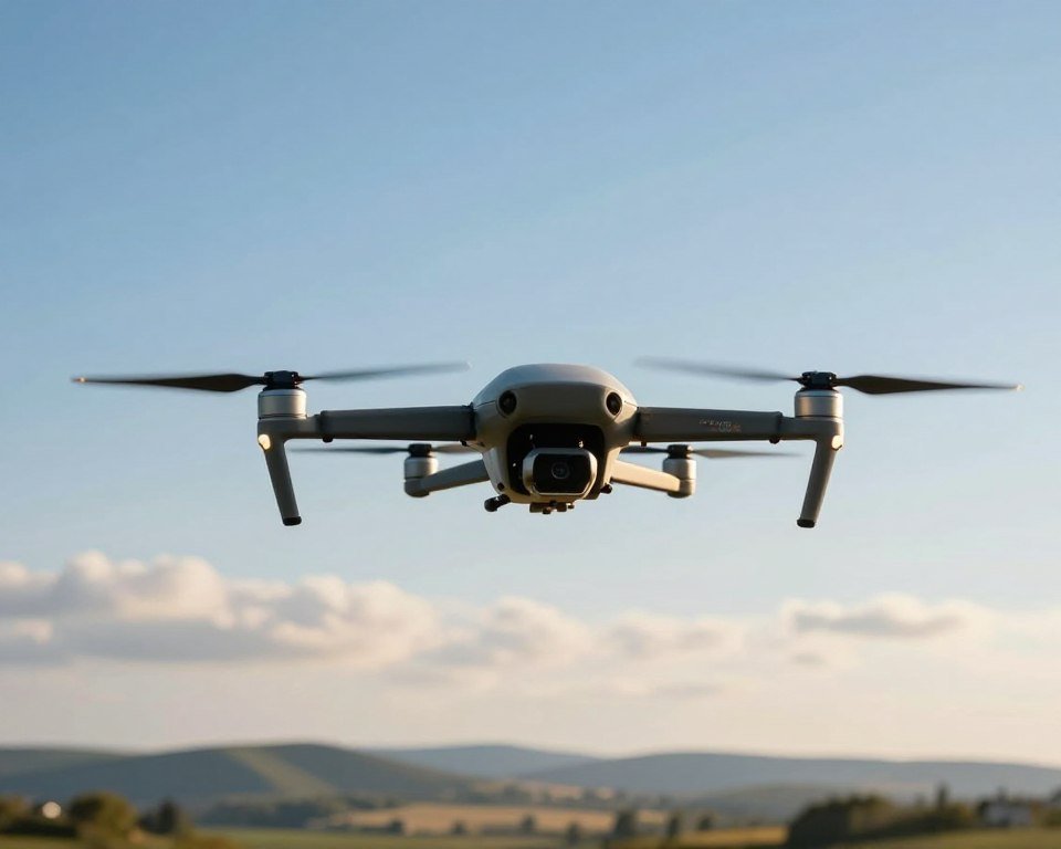 A stable drone soaring gracefully in a clear blue sky, demonstrating the essence of flight stability. In the foreground, focus on the drone, equipped with sleek propellers and a well-designed body, capturing the viewer's attention. In the middle ground, portray gentle clouds that accentuate the drone's altitude and highlight its controlled movement. In the background, create a distant horizon featuring rolling hills and a tranquil landscape, symbolizing the peace that comes with stability in the air. Soft golden sunlight filters through, casting warm tones and illuminating the scene, evoking a sense of calm and reliability. Use a wide-angle perspective to enhance the sense of space and flight. The overall mood should be inspiring and uplifting, emphasizing the importance of maintaining stability during flight.
