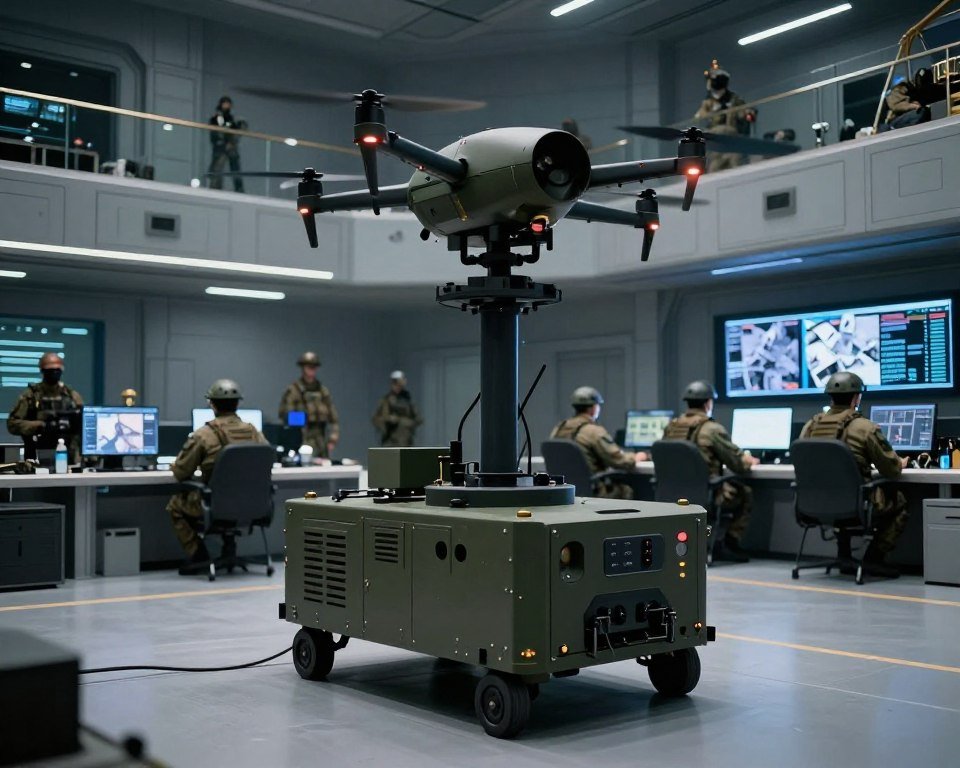 A state-of-the-art drone defense platform stationed in a secure military setting. In the foreground, a robust, mobile ground-based anti-drone system equipped with radar and laser technology is prominently displayed. In the middle ground, various military personnel, dressed in tactical gear, monitor the system alongside digital screens showcasing surveillance data. The background features a high-tech, fortified command center illuminated by soft, ambient lighting, emphasizing an atmosphere of vigilance and advanced technology. The perspective is slightly low-angle, enhancing the imposing nature of the defense system while conveying a sense of readiness and security. The overall mood is serious and focused, illustrating the cutting-edge capabilities of military drone defense systems. A state-of-the-art drone defense platform stationed in a secure military setting. In the foreground, a robust, mobile ground-based anti-drone system equipped with radar and laser technology is prominently displayed. In the middle ground, various military personnel, dressed in tactical gear, monitor the system alongside digital screens showcasing surveillance data. The background features a high-tech, fortified command center illuminated by soft, ambient lighting, emphasizing an atmosphere of vigilance and advanced technology. The perspective is slightly low-angle, enhancing the imposing nature of the defense system while conveying a sense of readiness and security. The overall mood is serious and focused, illustrating the cutting-edge capabilities of military drone defense systems.