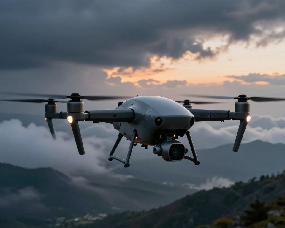 A state-of-the-art high-altitude drone soaring through a dramatic sky, equipped with advanced sensors and safety features, showcasing its sleek design. In the foreground, focus on the drone with detailed rotor features and illuminated control panels. In the middle ground, depict turbulent weather conditions with dark clouds and dynamic winds, emphasizing the challenges faced during flight. The background should feature a distant mountain range to illustrate altitude. The scene is cast in a moody, twilight light, with hints of orange from a setting sun breaking through the clouds. Capture an atmosphere of tension and reliability, illustrating the importance of safety factors in challenging flying conditions, without any text or overlays. A state-of-the-art high-altitude drone soaring through a dramatic sky, equipped with advanced sensors and safety features, showcasing its sleek design. In the foreground, focus on the drone with detailed rotor features and illuminated control panels. In the middle ground, depict turbulent weather conditions with dark clouds and dynamic winds, emphasizing the challenges faced during flight. The background should feature a distant mountain range to illustrate altitude. The scene is cast in a moody, twilight light, with hints of orange from a setting sun breaking through the clouds. Capture an atmosphere of tension and reliability, illustrating the importance of safety factors in challenging flying conditions, without any text or overlays.