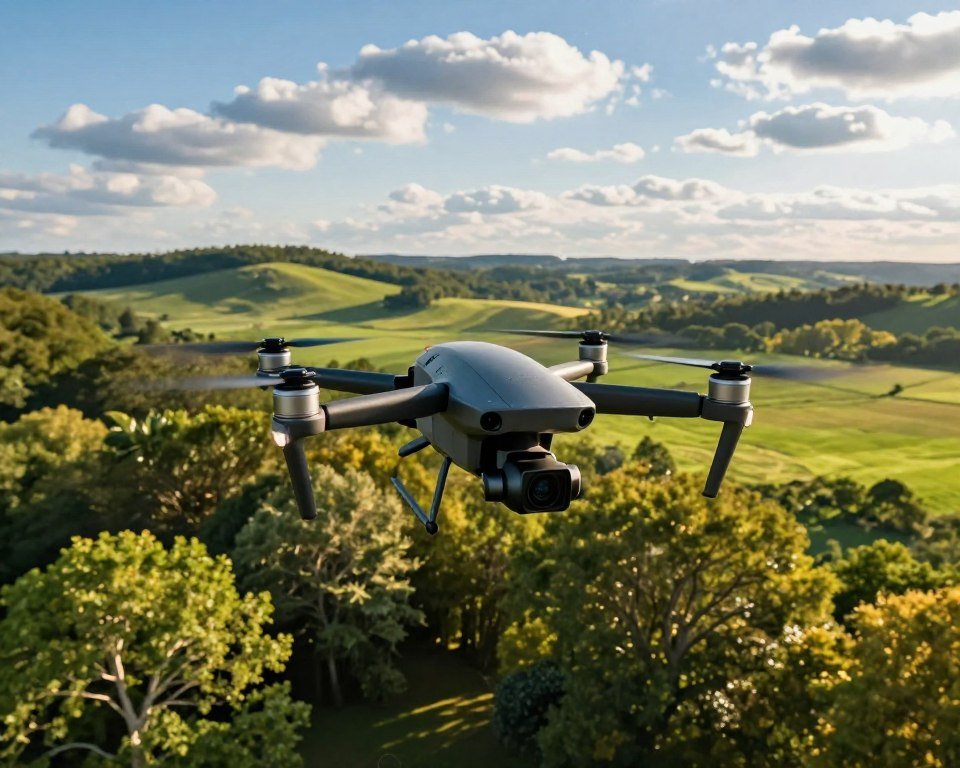 A stunning aerial view showcasing a drone performing dynamic aerial maneuvers over a lush green landscape. In the foreground, a sleek, modern drone with a high-resolution camera captures vivid details of the scene below. The middle ground features a vibrant mix of trees and rolling hills, illuminated by warm sunlight filtering through the leaves. The background displays a clear blue sky with fluffy white clouds, emphasizing the height and freedom of flight. The scene is bathed in natural light, creating a sense of excitement and wonder. Capture the energy and precision of drone technology in a visually compelling manner, reflecting a professional atmosphere without distractions or text. A stunning aerial view showcasing a drone performing dynamic aerial maneuvers over a lush green landscape. In the foreground, a sleek, modern drone with a high-resolution camera captures vivid details of the scene below. The middle ground features a vibrant mix of trees and rolling hills, illuminated by warm sunlight filtering through the leaves. The background displays a clear blue sky with fluffy white clouds, emphasizing the height and freedom of flight. The scene is bathed in natural light, creating a sense of excitement and wonder. Capture the energy and precision of drone technology in a visually compelling manner, reflecting a professional atmosphere without distractions or text.