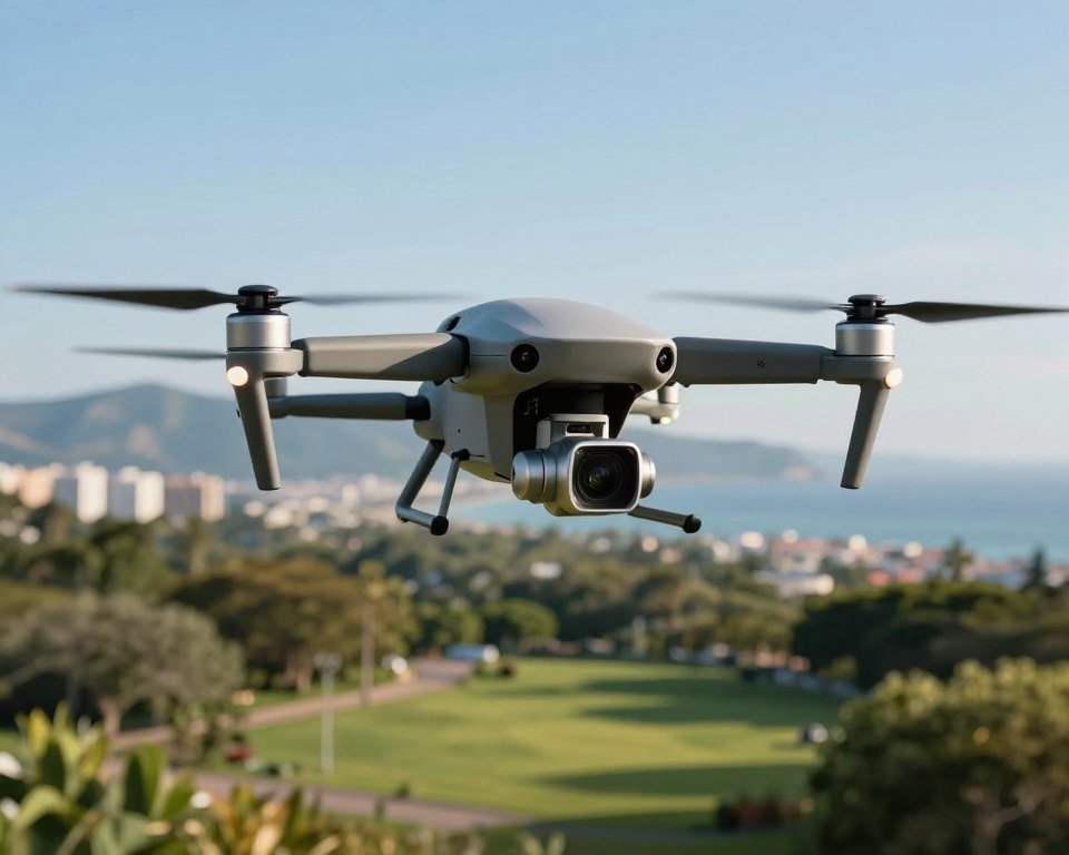 A stunning aerial view showcasing a sleek quadcopter drone equipped with a high-resolution camera, hovering against a clear blue sky. In the foreground, the drone is sharply focused, revealing intricate details of its design, such as propellers and camera lens. The middle ground features a picturesque landscape, perhaps a lush green park or a scenic coastline, emphasizing the drone's capability for photography. The background is a soft blur of distant mountains or city skyline, enhancing depth. Soft, natural lighting casts gentle shadows, creating an inviting atmosphere. The scene conveys a sense of innovation and exploration, inviting viewers to imagine the possibilities of aerial photography with quadcopters. No people present in the image. A stunning aerial view showcasing a sleek quadcopter drone equipped with a high-resolution camera, hovering against a clear blue sky. In the foreground, the drone is sharply focused, revealing intricate details of its design, such as propellers and camera lens. The middle ground features a picturesque landscape, perhaps a lush green park or a scenic coastline, emphasizing the drone's capability for photography. The background is a soft blur of distant mountains or city skyline, enhancing depth. Soft, natural lighting casts gentle shadows, creating an inviting atmosphere. The scene conveys a sense of innovation and exploration, inviting viewers to imagine the possibilities of aerial photography with quadcopters. No people present in the image.