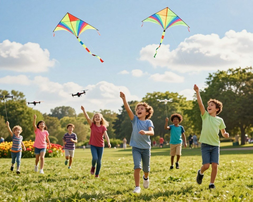 A sunny park scene filled with joy and energy, showcasing children of diverse backgrounds playing with colorful flying toys like kites and drones. In the foreground, a group of three children, exuberantly laughing, each controlling different types of flying toys, their faces lit up with excitement. In the middle ground, other children can be seen running and cheering, while a lush green landscape and vibrant flowers create a lively atmosphere. The background features a clear blue sky dotted with fluffy white clouds, emphasizing the freedom of outdoor play. Soft, warm lighting gives the scene a cheerful feel, capturing the essence of outdoor activities and the benefits of flying toys for children’s physical and social development. The image should be framed to highlight the joy of play without any text or distractions. A sunny park scene filled with joy and energy, showcasing children of diverse backgrounds playing with colorful flying toys like kites and drones. In the foreground, a group of three children, exuberantly laughing, each controlling different types of flying toys, their faces lit up with excitement. In the middle ground, other children can be seen running and cheering, while a lush green landscape and vibrant flowers create a lively atmosphere. The background features a clear blue sky dotted with fluffy white clouds, emphasizing the freedom of outdoor play. Soft, warm lighting gives the scene a cheerful feel, capturing the essence of outdoor activities and the benefits of flying toys for children’s physical and social development. The image should be framed to highlight the joy of play without any text or distractions.
