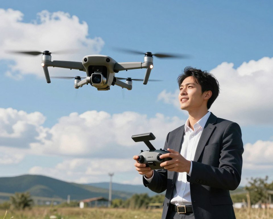 A user experiences aerial control of a drone in a spacious outdoor environment. In the foreground, a focused individual dressed in professional attire is confidently maneuvering a sleek, advanced drone with precision controls. Their expression reflects both concentration and excitement. In the middle ground, the drone effortlessly hovers, showing intricate details of its design, highlighting camera and sensor features. The background features a vibrant blue sky with fluffy white clouds and distant hills, creating a sense of freedom and exploration. The lighting is bright and clear, suggesting summer or spring, with sunlight casting soft shadows. The mood is one of empowerment and mastery, capturing the thrill of the user experience in flight.