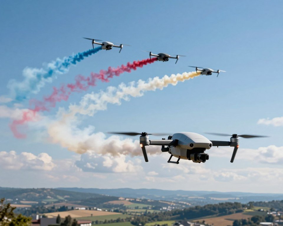 A vibrant aerial scene showcasing an acrobatic drone performing a series of impressive stunts in a clear blue sky. In the foreground, the drone is depicted mid-flight, with its propellers in motion, showcasing its agility and precision. The middle layer includes a dynamic arrangement of colorful smoke trails that follow the drone's movements, adding a sense of excitement and energy. In the background, a panoramic view of a serene landscape with rolling hills and a few fluffy clouds enhances the atmosphere. The lighting is bright and sunny, casting soft shadows and highlights on the drone's sleek body. The mood is exhilarating and adventurous, capturing the thrill of aerial acrobatics while emphasizing the technological sophistication of the drone.