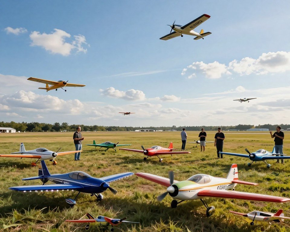 A vibrant and dynamic scene showcasing the world of RC airplanes. In the foreground, a detailed selection of colorful RC planes with LED lights brightly illuminated, showcasing various designs such as sleek gliders and sporty aerobatic models. The middle ground features a grassy airfield with hobbyists, dressed in casual attire, expertly flying their RC planes, concentrated and joyful. In the background, a clear blue sky dotted with a few wispy clouds enhances the vibrant atmosphere, with additional planes soaring gracefully. Soft sunlight casts a warm glow on the scene, highlighting the excitement of the activity. The angle is slightly elevated, providing a panoramic view that captures the energy and enthusiasm of this RC airplane community.
