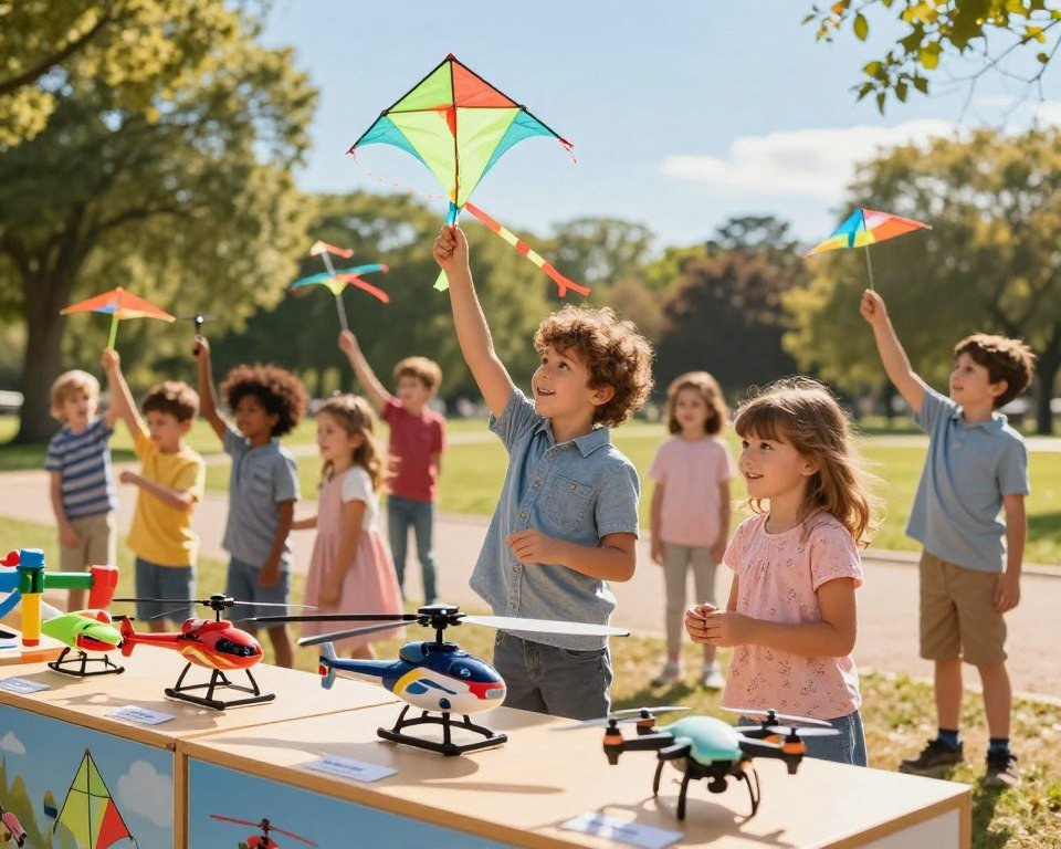 A vibrant and educational scene showcasing the concept of selecting the perfect flying toy for children based on their age. In the foreground, a well-organized display of various colorful flying toys, including a remote-controlled helicopter, a kite, and a small drone, all labeled with age recommendations. In the middle ground, a diverse group of children joyfully interacting with the toys, dressed in casual yet modest clothing, showcasing different age groups – toddlers, preschoolers, and early school-age children. The background features a warm, softly-lit park with trees and a clear blue sky, creating an inviting atmosphere. The lighting is bright and cheerful, capturing a sense of fun and excitement. The angle is slightly elevated, providing a clear view of both the children and the toys without any distractions or text elements. A vibrant and educational scene showcasing the concept of selecting the perfect flying toy for children based on their age. In the foreground, a well-organized display of various colorful flying toys, including a remote-controlled helicopter, a kite, and a small drone, all labeled with age recommendations. In the middle ground, a diverse group of children joyfully interacting with the toys, dressed in casual yet modest clothing, showcasing different age groups – toddlers, preschoolers, and early school-age children. The background features a warm, softly-lit park with trees and a clear blue sky, creating an inviting atmosphere. The lighting is bright and cheerful, capturing a sense of fun and excitement. The angle is slightly elevated, providing a clear view of both the children and the toys without any distractions or text elements.