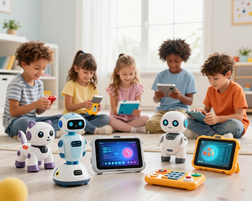 A vibrant and engaging display of innovative technological toys for children, showcasing a variety of cutting-edge designs. In the foreground, a diverse range of futuristic toys, including robotic pets, interactive tablets, and educational coding kits, are playfully arranged. The middle ground features children of different backgrounds, joyfully interacting with these gadgets, wearing colorful casual clothing that adds to the lively atmosphere. In the background, a bright, modern playroom filled with light from a large window, emphasizing a cheerful and inviting mood. Use soft, playful lighting to highlight the toys’ features, with a slight depth of field to bring the focus on the foreground elements, creating a sense of wonder and excitement around the latest trends in technology for kids.