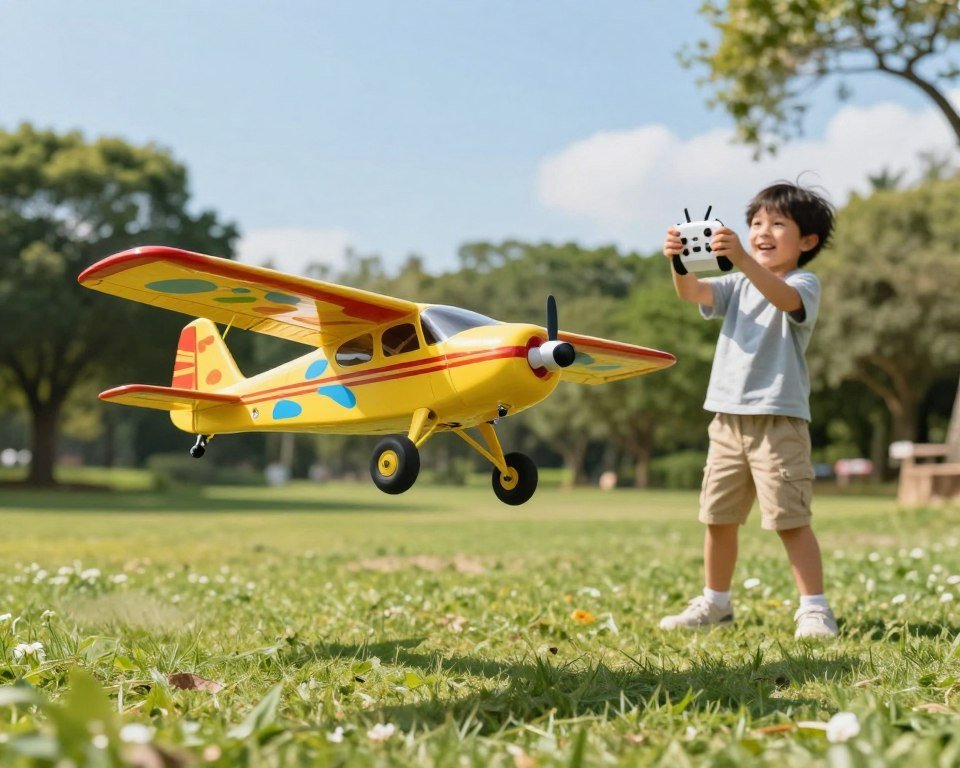 A vibrant and engaging image of a child-friendly remote-controlled airplane in a picturesque outdoor setting. In the foreground, a bright and colorful RC airplane is in the process of taking off, showcasing its vibrant design with fun patterns that appeal to children. In the middle ground, a young child, dressed in casual play clothes, is joyfully controlling the airplane with a remote, emphasizing the excitement of flying. In the background, a sunny park landscape with green grass, trees, and a clear blue sky adds to the cheerful atmosphere. Soft natural lighting highlights the details of the airplane and the child's enthusiasm. The lens captures a slight upward angle, emphasizing the airplane's ascent, while creating an inviting sense of adventure and fun.