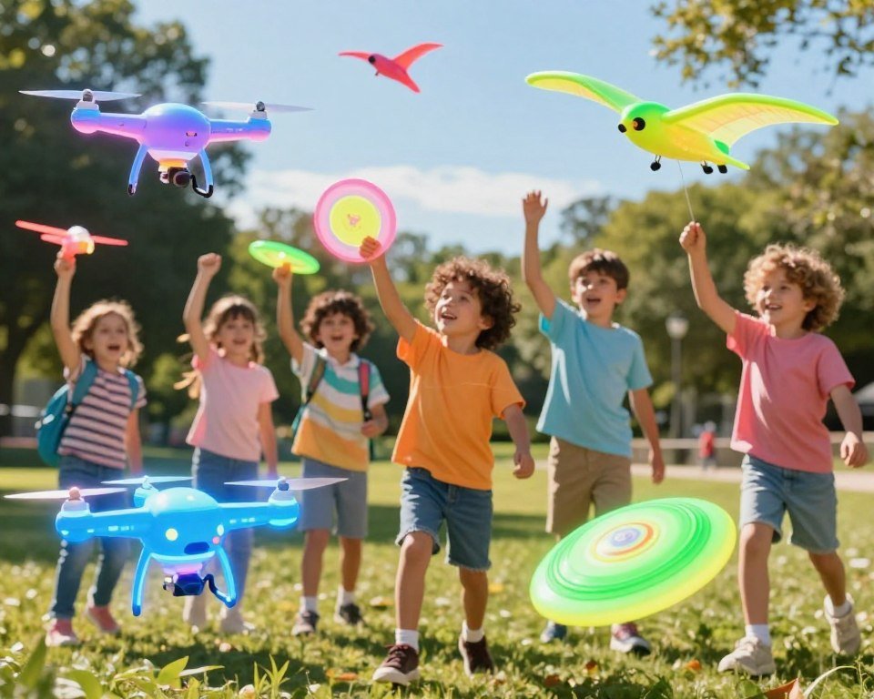 A vibrant and engaging image of a selection of colorful flying toys for children with a luminous effect. In the foreground, showcase various flying toys like drones, gliders, and colorful frisbees, glowing softly in bright neon colors such as blue, green, and pink. The middle ground should feature children joyfully interacting with these toys, wearing playful clothing, and demonstrating their use, while ensuring their expressions reflect excitement and joy. The background can include a bright, sunny park setting, with trees and a clear blue sky, enhancing the cheerful atmosphere. Use warm, natural lighting to highlight the luminosity of the toys, and a slight focus on the flying toys to create a sense of depth, while maintaining a lively and playful mood throughout the image. A vibrant and engaging image of a selection of colorful flying toys for children with a luminous effect. In the foreground, showcase various flying toys like drones, gliders, and colorful frisbees, glowing softly in bright neon colors such as blue, green, and pink. The middle ground should feature children joyfully interacting with these toys, wearing playful clothing, and demonstrating their use, while ensuring their expressions reflect excitement and joy. The background can include a bright, sunny park setting, with trees and a clear blue sky, enhancing the cheerful atmosphere. Use warm, natural lighting to highlight the luminosity of the toys, and a slight focus on the flying toys to create a sense of depth, while maintaining a lively and playful mood throughout the image.