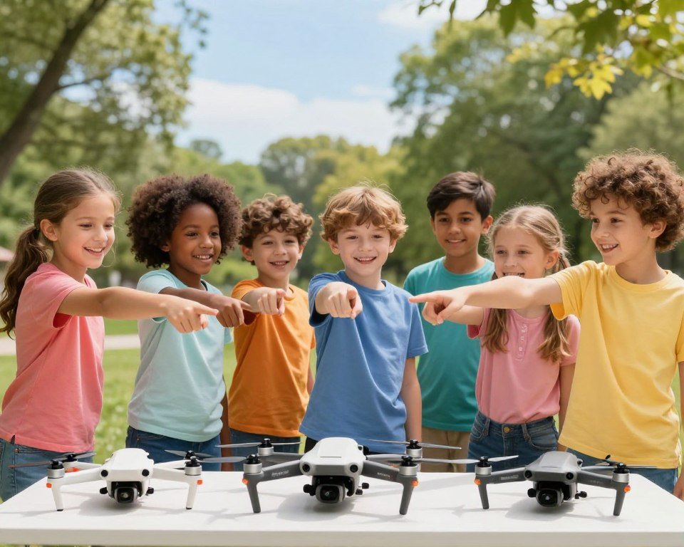 A vibrant and engaging scene depicting a guide on how to choose the best drone for kids in 2026. In the foreground, a diverse group of children aged 8-12, dressed in colorful, modest casual clothing, excitedly point to different types of drones on a table. In the middle ground, various drones are displayed, showcasing beginner-friendly models in bright colors, with features like propeller guards and easy-to-use controls. The background features a sunny park setting, with trees and a clear blue sky. Soft, natural lighting enhances the cheerful mood, capturing the joy of discovery. The composition should convey a sense of inclusivity and fun, focusing on the child-friendly aspect of drone selection.