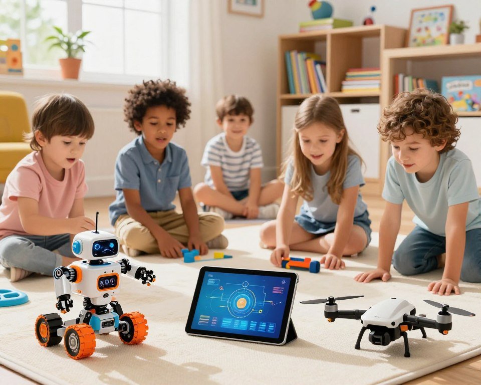 A vibrant and engaging scene depicting a variety of technological toys suitable for different age groups. In the foreground, showcase an assortment of toys: a colorful robotic kit for young children, a sleek tablet for pre-teens, and an advanced drone for teenagers, all placed on a bright play mat. In the middle ground, include children of diverse backgrounds, joyfully interacting with the toys, dressed in modest casual clothing, displaying expressions of curiosity and excitement. The background features a cozy playroom with shelves filled with books and educational games, well-lit by warm natural light streaming through a window. The overall mood is cheerful and inspiring, emphasizing innovation and playfulness, inviting parents to explore the world of tech toys for their kids.