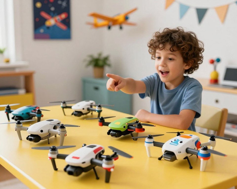 A vibrant and engaging scene featuring a colorful assortment of children's drones displayed on a bright, cheerful table. In the foreground, a variety of child-friendly drones with playful designs and bright colors, including a cartoon-like drone with big eyes and a cheerful face. In the middle ground, a child in casual clothing, around 8 years old, excitedly pointing at one of the drones, capturing the joy of potential gift-giving. In the background, a cozy room filled with soft lighting and playful decorations, such as toy airplanes and posters of space exploration. The overall atmosphere is fun, inviting, and educational, perfect for a guide on selecting drones for children. Use natural lighting to enhance the cheerful mood while ensuring a clear focus on the drones and the child’s expression of wonder.