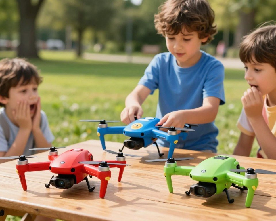 A vibrant and engaging scene showcasing a comparative analysis of children's drones with cameras. In the foreground, three different drone models are displayed on a wooden table, each with colorful designs appealing to kids. One drone is bright red with a sleek, rounded design; another is blue with a playful cartoon character theme; the third is green and resembles a small animal. In the middle ground, a child, dressed in a casual blue t-shirt and shorts with a focused expression, is interacting with one of the drones, while another child is watching excitedly. The background features a sunny park setting with green grass and trees, enhancing the playful atmosphere. The image is bright and dynamic, emphasizing a sense of fun and exploration, captured with a warm, natural light that highlights the toys.
