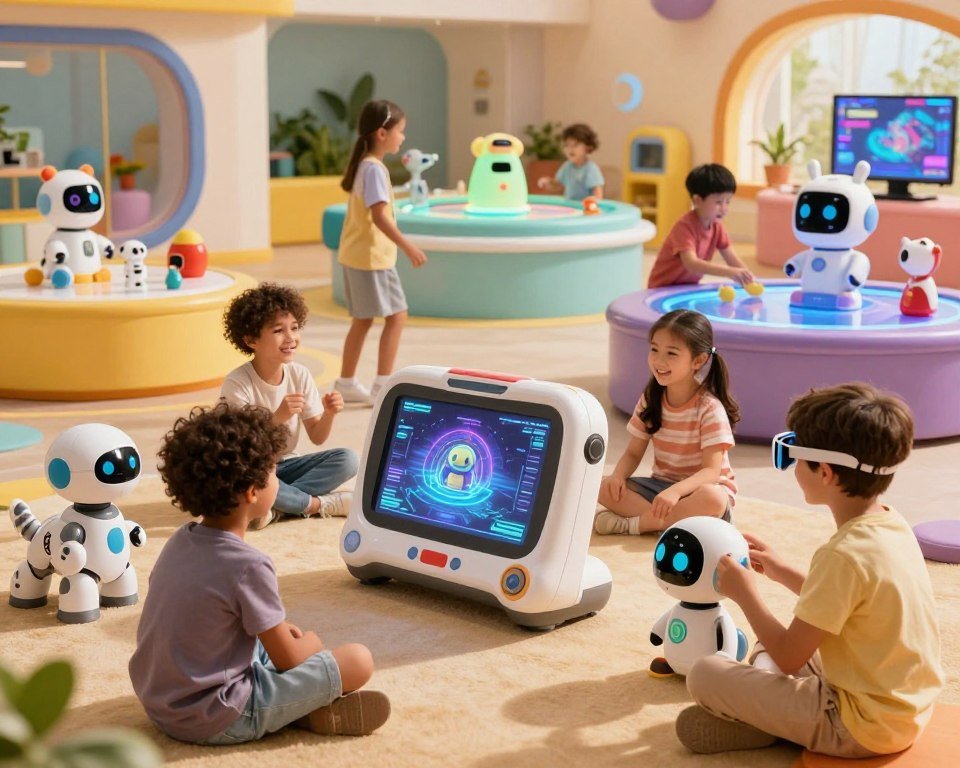 A vibrant and futuristic scene depicting innovative technological toys for children in 2025. In the foreground, a diverse group of children aged 5-10 joyfully interacting with various high-tech toys, such as a holographic game console, robotic pets, and augmented reality glasses. In the middle ground, colorful play zones with interactive digital surfaces and smart toys that respond to touch and voice. The background features a bright and playful environment filled with modern design elements and greenery, suggesting a blend of nature and technology. The lighting is warm and inviting, casting soft shadows, enhancing the joyful atmosphere of creativity and excitement. Capture the sense of wonder and innovation as children engage with these cutting-edge toys.