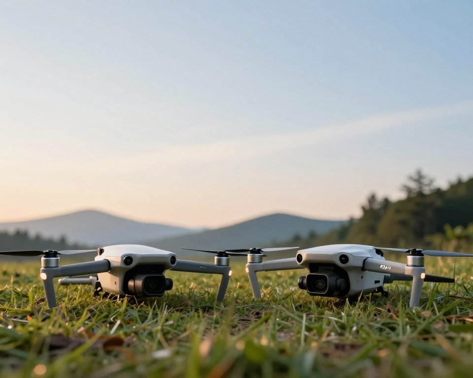 A vibrant and informative comparison image showcasing the DJI Mini 4K and DJI Mini 3 drones in a natural outdoor setting. In the foreground, place the two drones on a grassy terrain, positioned side by side, highlighting their distinctive features. The middle ground should feature an open sky with a slight gradient at sunrise, providing soft, warm lighting. In the background, include distant mountains and trees to set a tranquil atmosphere. Capture the drones from a slightly elevated angle to emphasize their sleek designs. Use a shallow depth of field to keep the focus on the drones while gently blurring the background, creating a sense of clarity and professionalism. Overall, convey an engaging and educational mood suitable for beginner drone enthusiasts.
