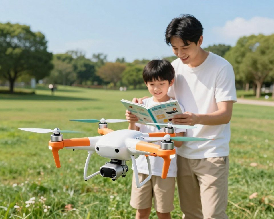 A vibrant and informative illustration depicting a child-friendly drone in an outdoor setting, showcasing key safety features and usage guidelines. In the foreground, the drone hovers softly, designed in bright colors with playful aesthetics, large enough for visibility. The middle ground features a parent and child, both wearing modest casual clothing, reading a safety guide together while pointing at the drone. In the background, a spacious park with lush green grass and a clear blue sky sets a carefree atmosphere, suggesting a safe flying environment. The lighting is bright and cheerful, capturing the essence of a sunny day. The angle is slightly elevated, providing a comprehensive view of the drone's features along with the interaction between the parent and child. The mood is educational and playful, emphasizing safe drone operation for children. A vibrant and informative illustration depicting a child-friendly drone in an outdoor setting, showcasing key safety features and usage guidelines. In the foreground, the drone hovers softly, designed in bright colors with playful aesthetics, large enough for visibility. The middle ground features a parent and child, both wearing modest casual clothing, reading a safety guide together while pointing at the drone. In the background, a spacious park with lush green grass and a clear blue sky sets a carefree atmosphere, suggesting a safe flying environment. The lighting is bright and cheerful, capturing the essence of a sunny day. The angle is slightly elevated, providing a comprehensive view of the drone's features along with the interaction between the parent and child. The mood is educational and playful, emphasizing safe drone operation for children.